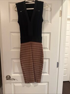 Karen Millen Black Top with Brown Striped Knit Skirt Dress